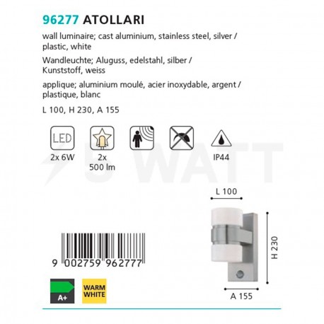 Настенный уличный светильник EGLO Atollari (96277) - недорого