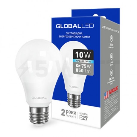 LED лампа GLOBAL A60 10W 4100К 220V E27 AL (1-GBL-164) - придбати