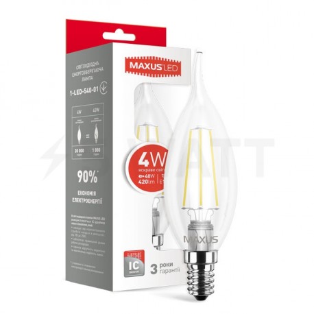 LED лампа MAXUS филамент, C37 TL, 4W, 4100К,E14 (1-LED-540) - купить