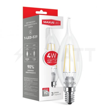 LED лампа MAXUS филамент, C37 TL, 4W, 3000К,E14 (1-LED-539) - купить