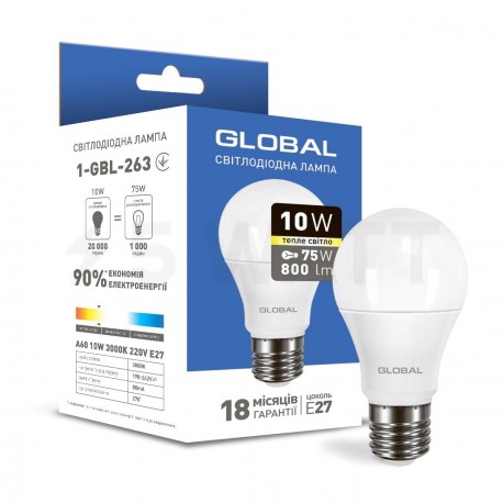 LED лампа GLOBAL A60 10W 3000K 220V E27 (1-GBL-263) - придбати