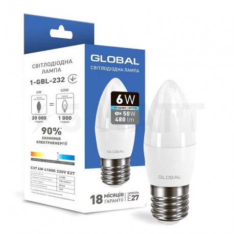 LED лампа GLOBAL C37 CL-F 6W 4100K 220V E27 (1-GBL-232) - придбати