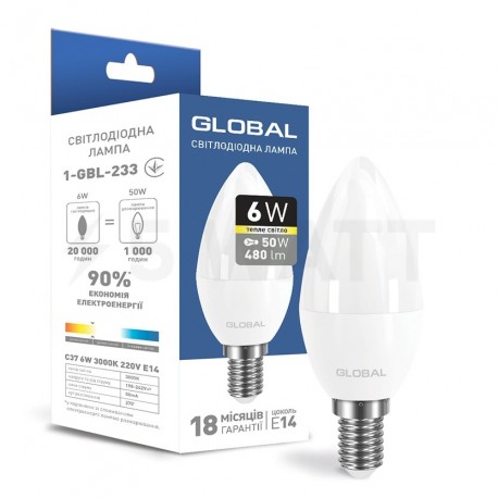 LED лампа GLOBAL C37 CL-F 6W 3000K 220V E14 (1-GBL-233) - придбати