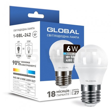 LED лампа GLOBAL G45 F 6W 4100K 220V E27 (1-GBL-242) - купить