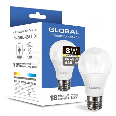 LED лампа GLOBAL A60 8W 3000K 220V E27 (1-GBL-261) - придбати