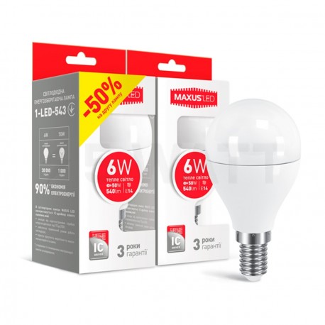 Набор LED ламп MAXUS G45 F 6W 3000K 220V E14 2шт.(2-LED-543) - купить