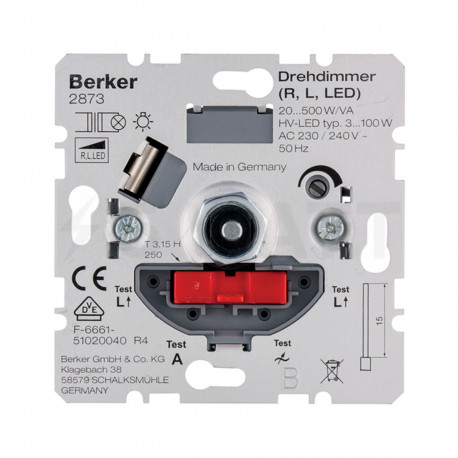 Механизм поворотно-нажимного диммера "Soft" LED/КЛЛ 3-100Вт , Berker (2873) - магазин світлодіодної LED продукції