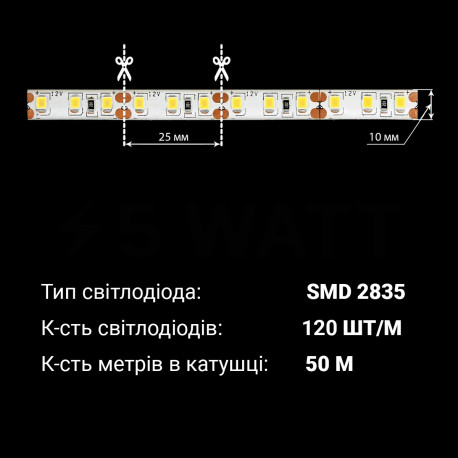 Світлодіодна стрічка OEM ST-50-12-2835-120-CW-20-V2 (50м) біла, негерметична, 1м - в інтернет-магазині