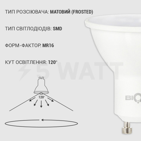 Світлодіодна лампа Biom BT-572 MR16 7W GU10 4200К матова - в Україні