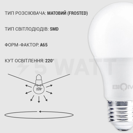 Світлодіодна лампа Biom BT-515 A65 15W E27 3000К матова - в інтернет-магазині