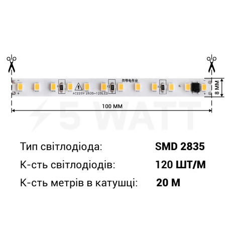 Светодиодная лента BIOM Professional BPS-G3-20-220-2835-120-CW-44 220В IP44 холодный белый, 1м - недорого