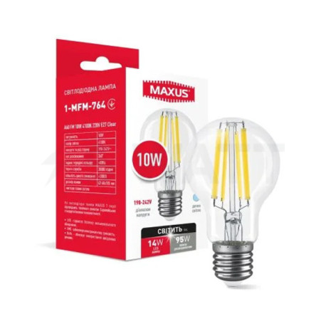 Светодиодная лампа MAXUS филамент A60 FM 10W 1400Lm 4100K 220V E27 Clear (1-MFM-764) - купить