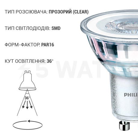 Світлодіодна лампа PHILIPS Essential LED 4.6-50W GU10 830 36D (929001218108) - в Україні